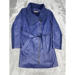 IMAN Blue Leather Trench Coat Womens Small S Zipper Belted Knit Jacket Retro Y2K